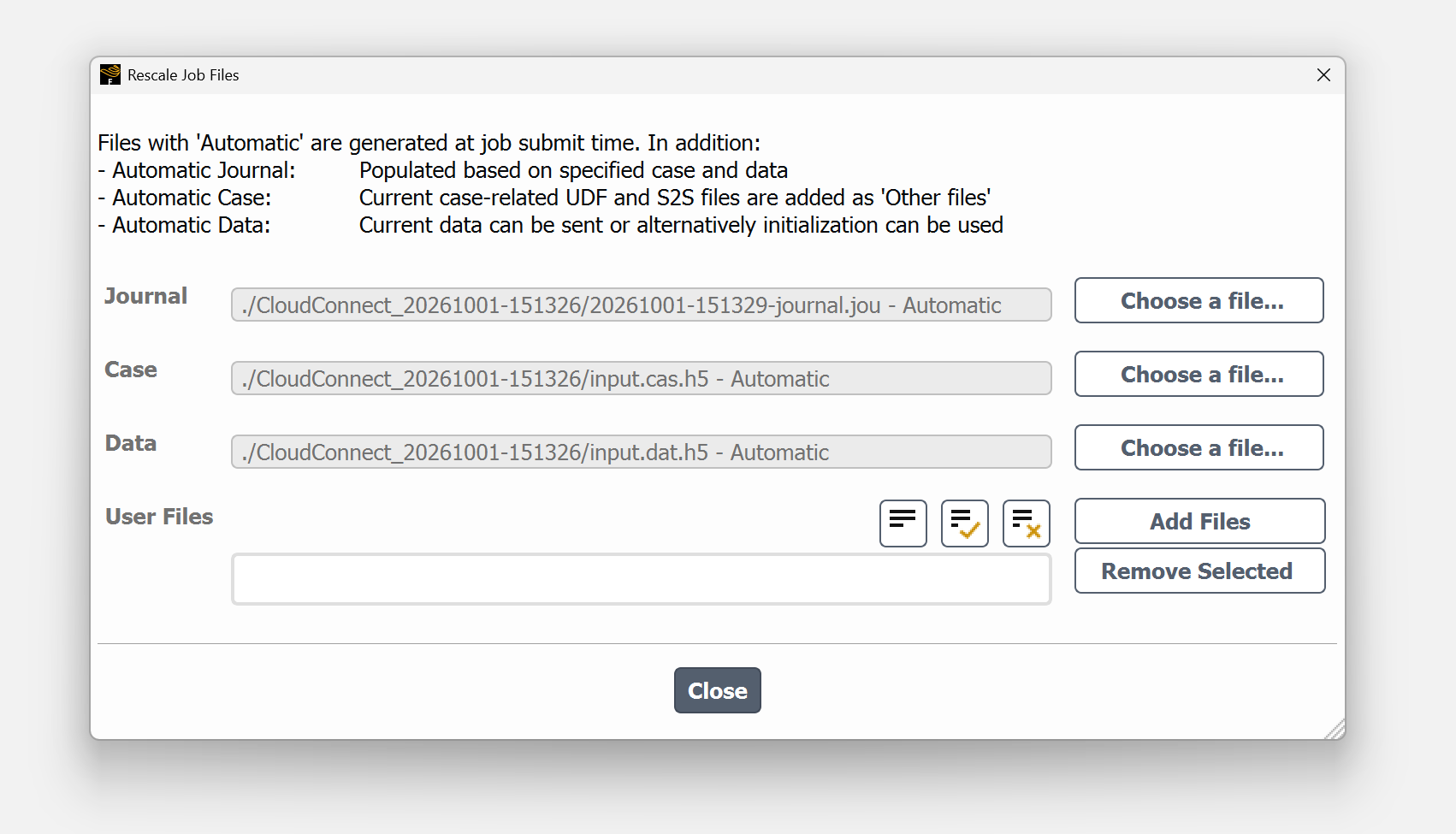 Rescale Job Files panel