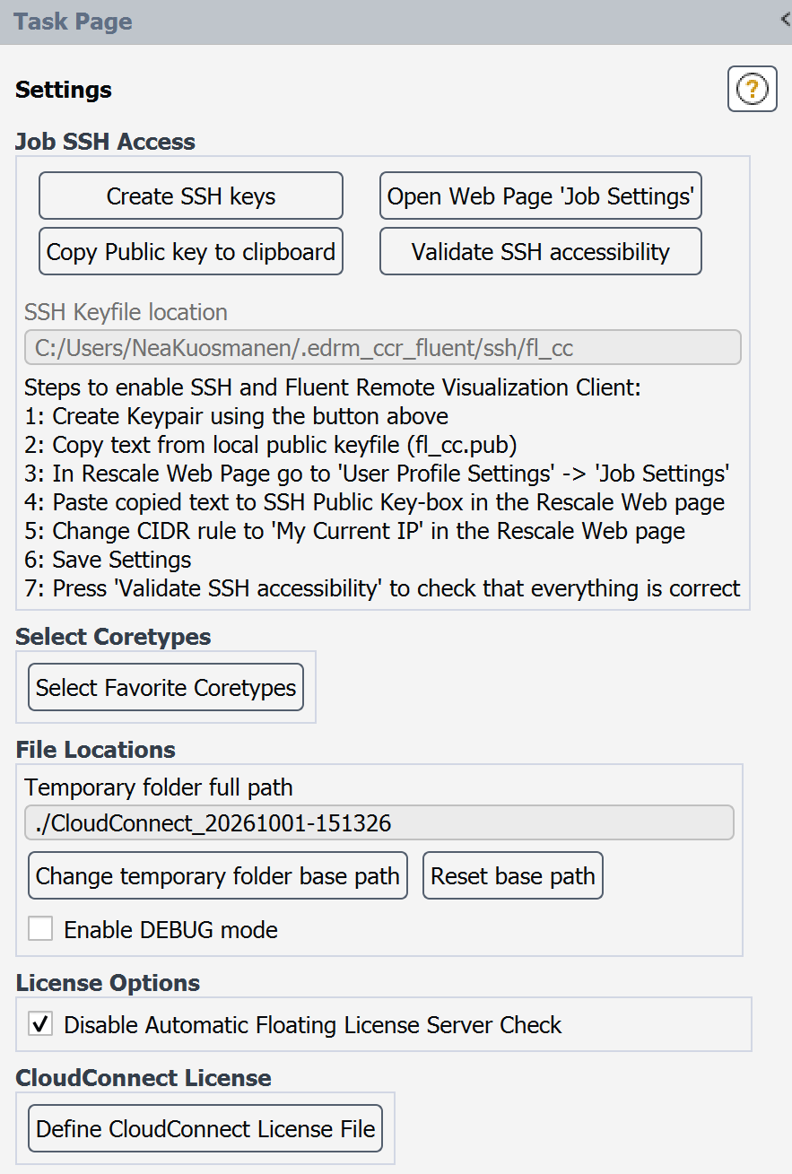 Settings Task Page